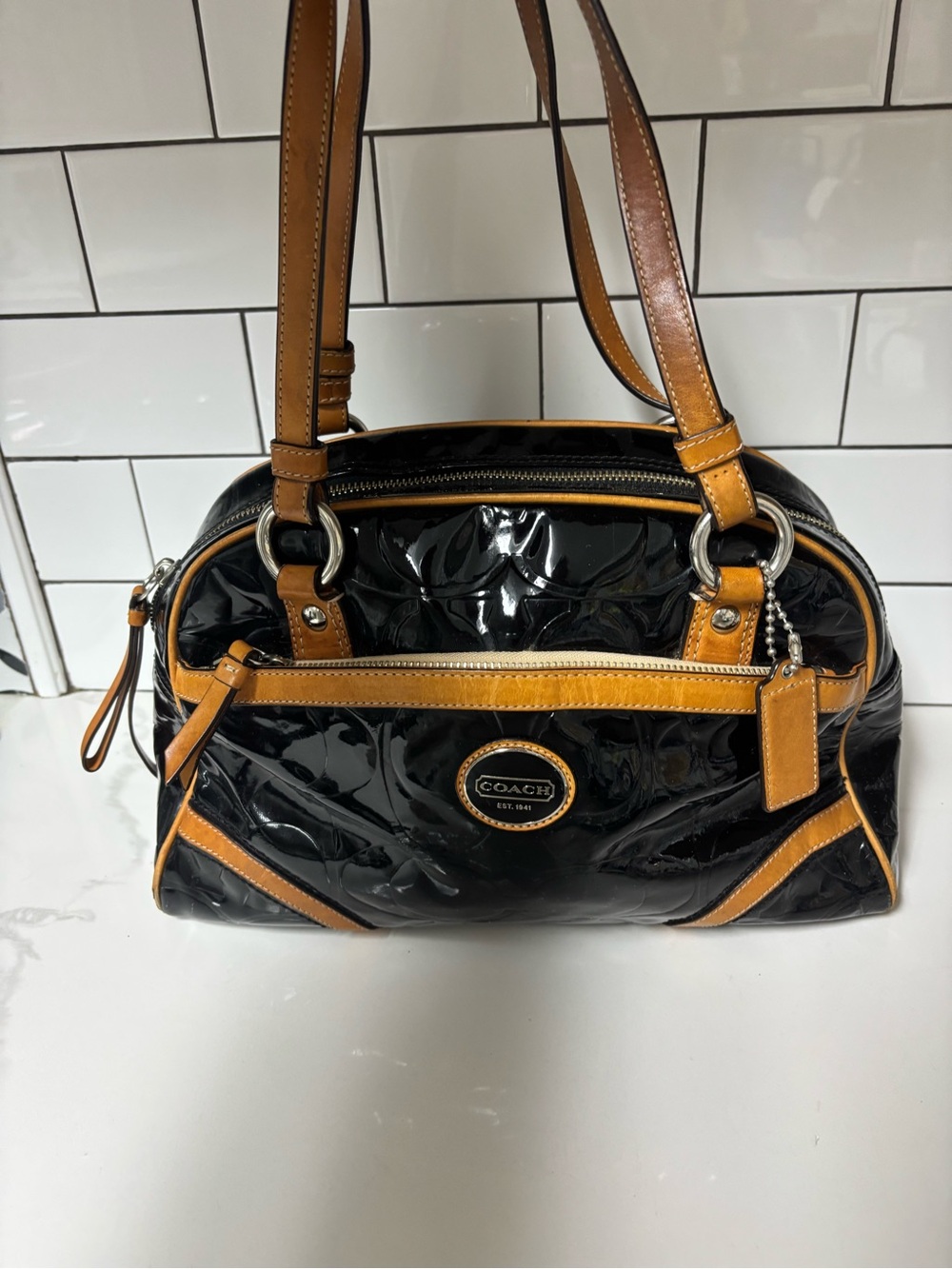 Coach Peyton Black Patent Shoulder Bag with Tan Trim F20065